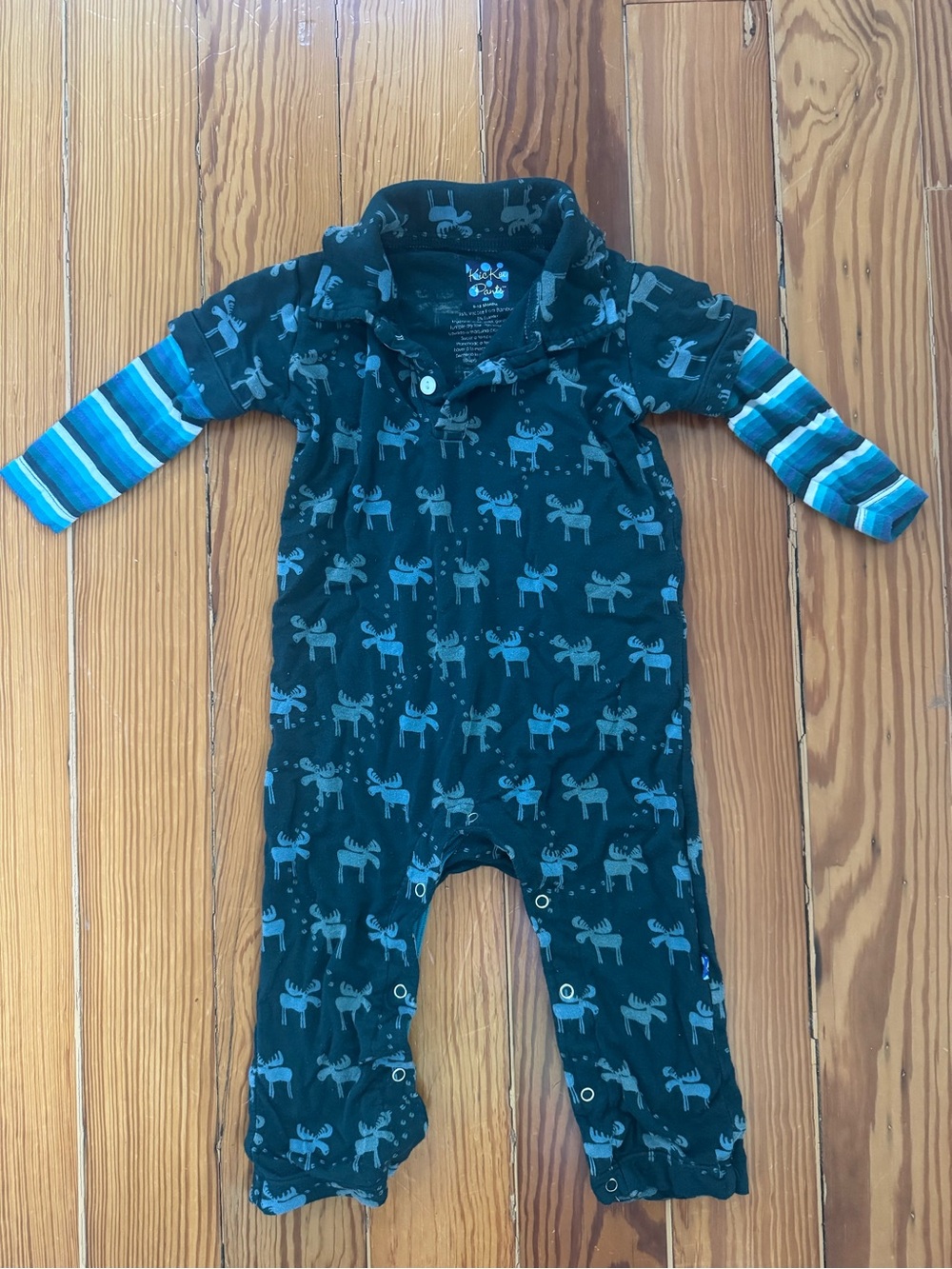 Kickee Pants Moose Print One-Piece with Striped Sleeves